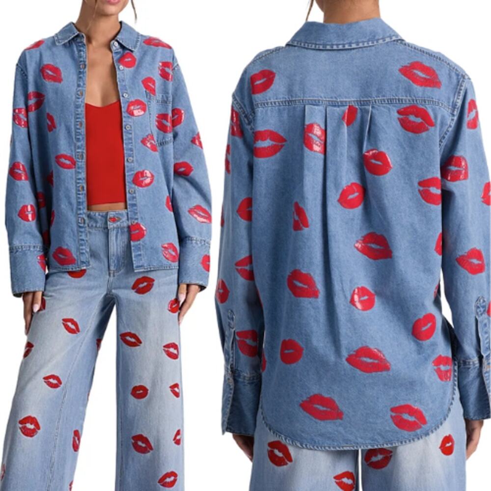 NEW Alice + Olivia Finely Kiss Print Oversized Denim Shirt Blue Size XS